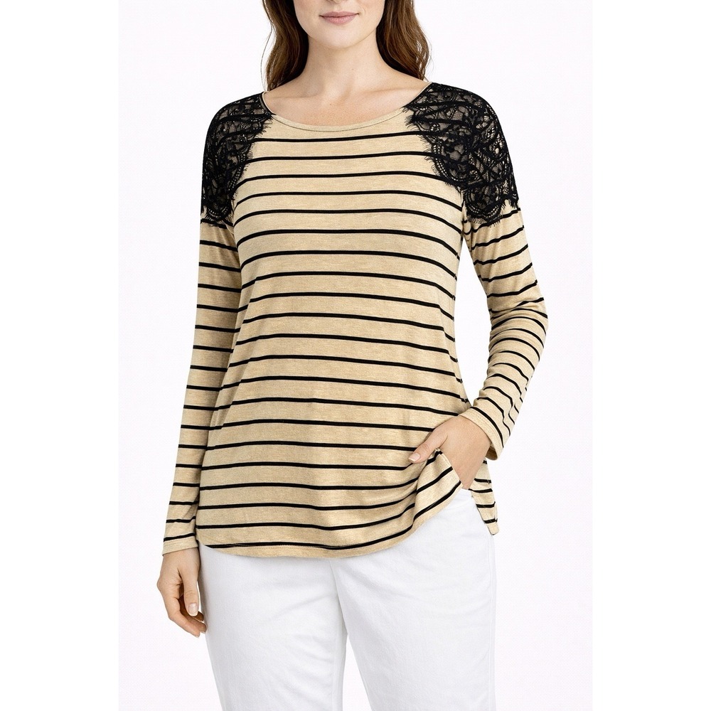 Chico's Top Women's 2 Tan‎ Black Striped Lace Shoulder Long Sleeve Casual Tee